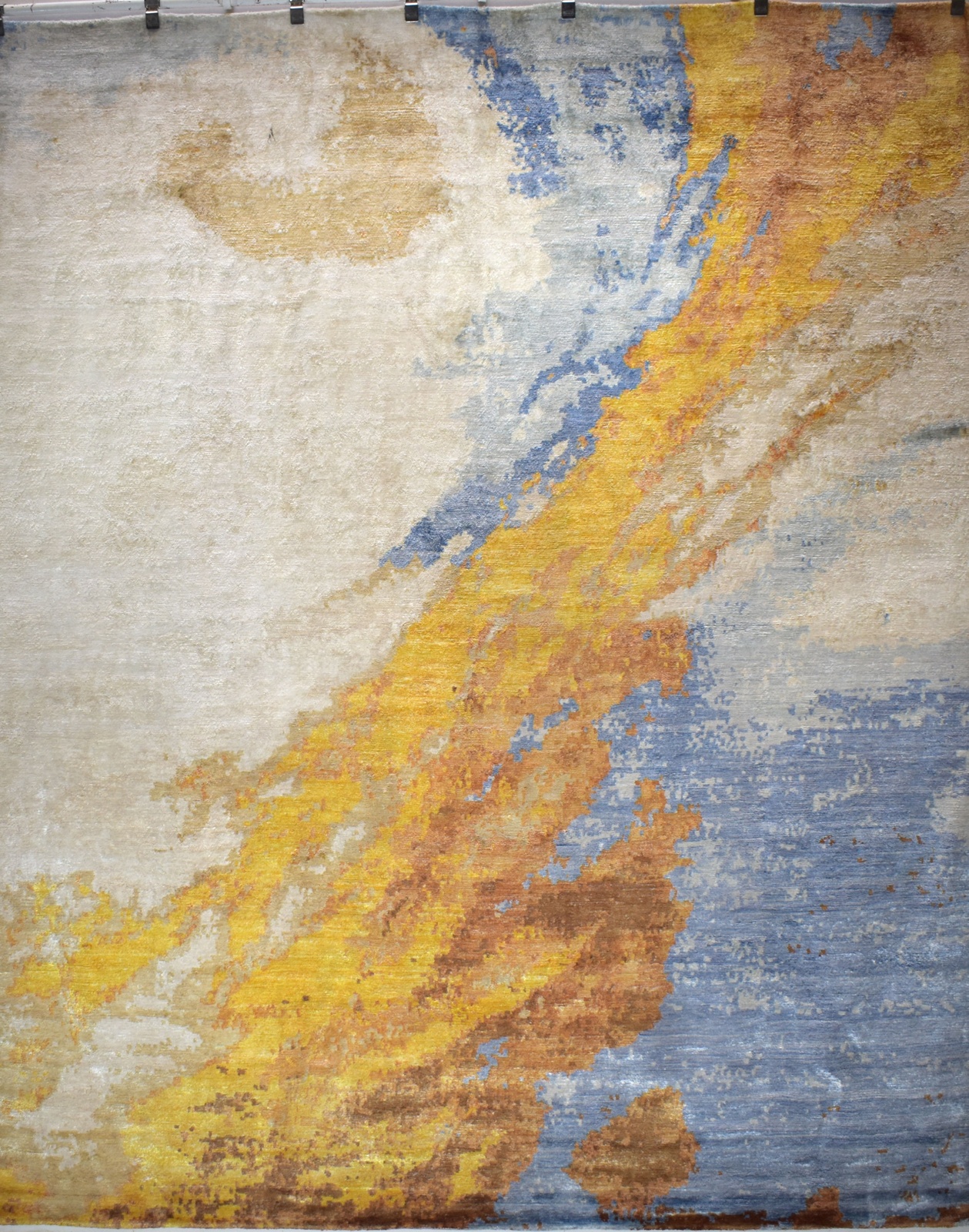 Contemporary Watercolor Grey-Blue with Gold Luxury Rug