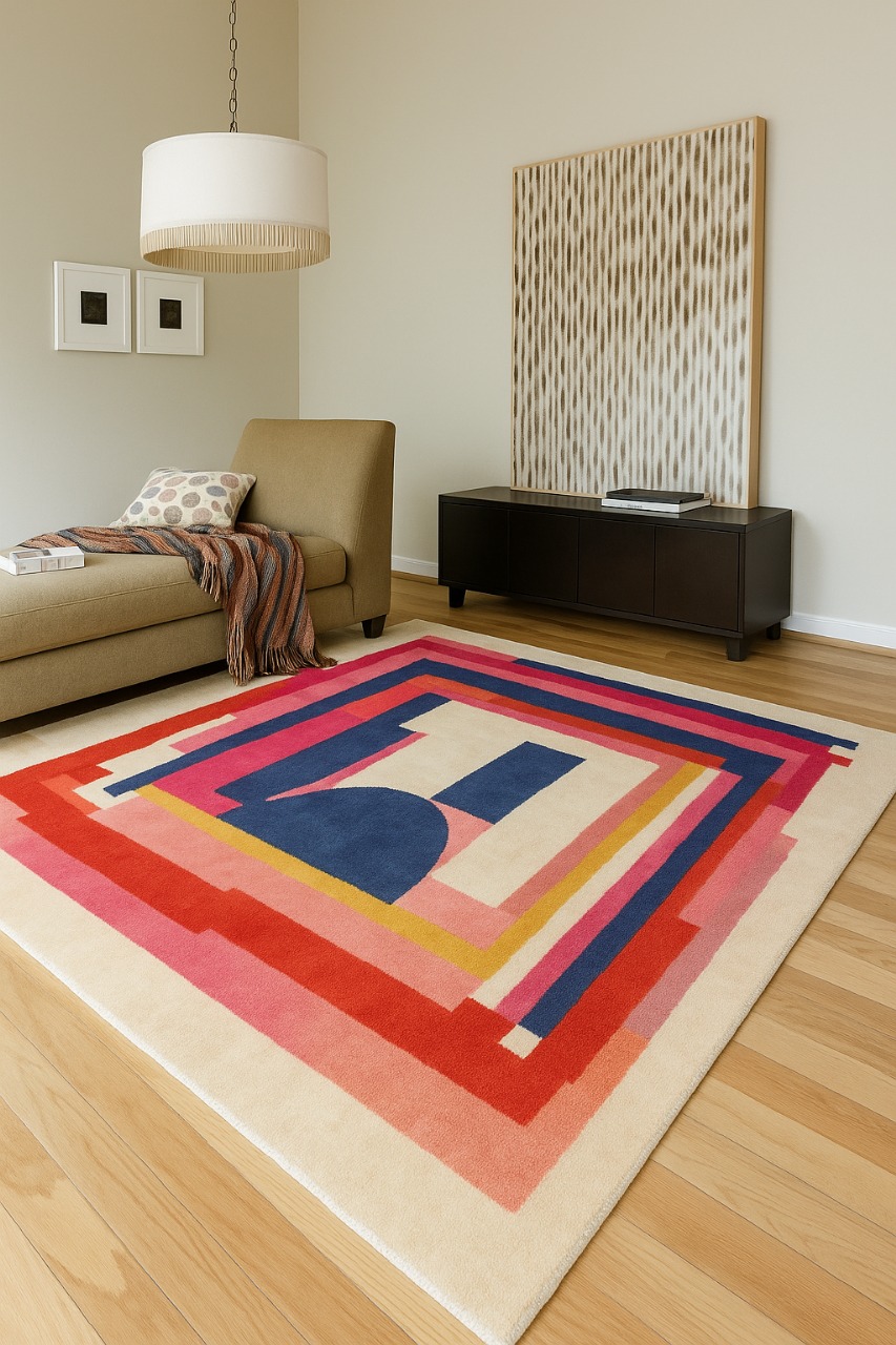 Handtufted modern rug with colorful geometric design, abstract shapes and lines for living room