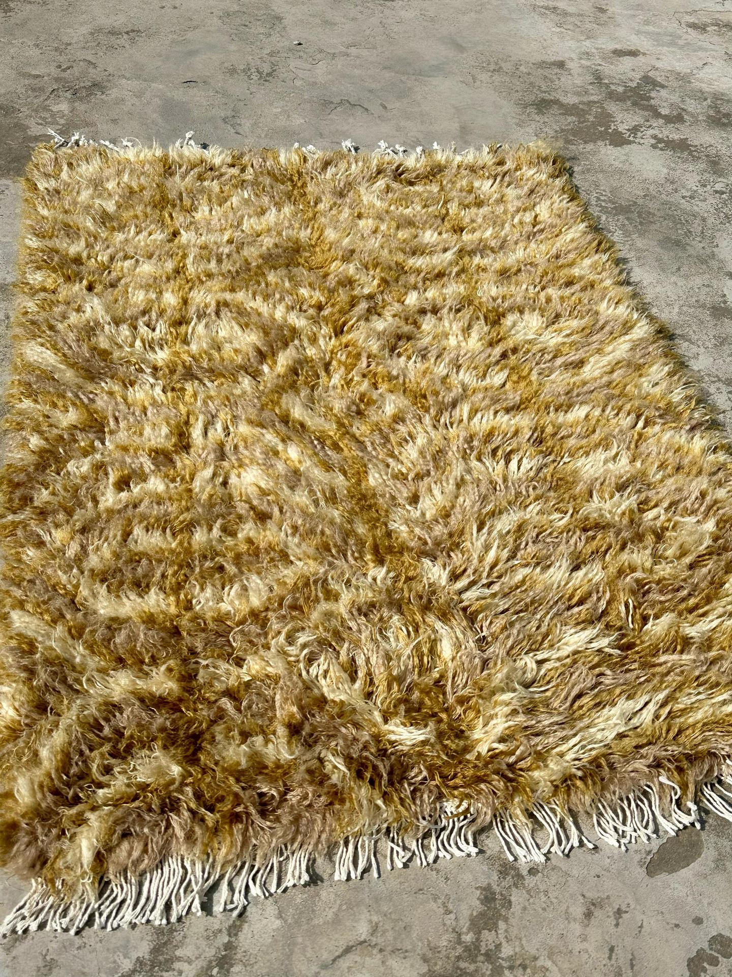 Golden shag wool rug with high pile texture, Moroccan style fluffy handwoven rug in yellow beige tones
