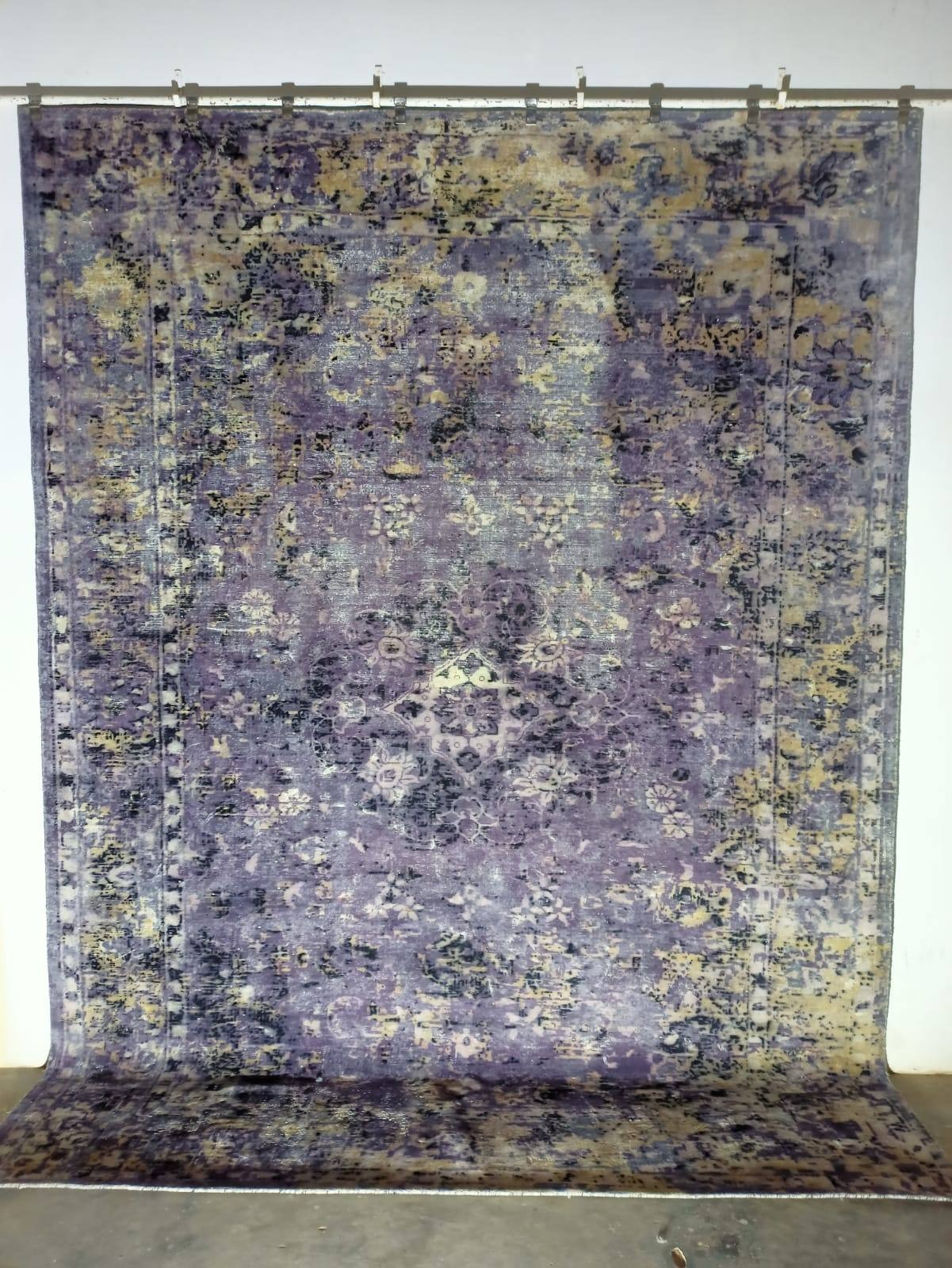 Handknotted Persian style wool rug in violet and lavender with antique distressed medallion pattern